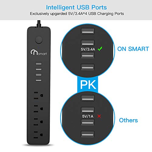ONSMART USB Surge Protector Power Strip, 4 Multi Outlets with 4 USB Charging Ports, 3.4A Total Output-600J Surge Protector Power Bar, 6 ft Long UL Cord, Wall Mount-Black…