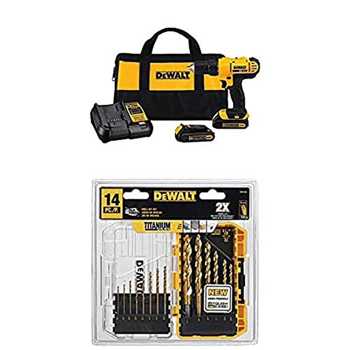 DEWALT DCD771C2 20V MAX Lithium-Ion Compact Drill/Driver Kit with DW1354 14-Piece Titanium Drill Bit Set