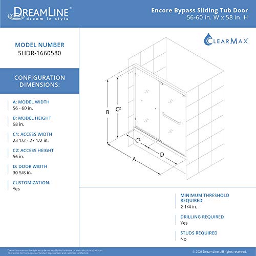 DreamLine Encore 56-60 in. W x 58 in. H Semi-Frameless Bypass Tub Door in Oil Rubbed Bronze, SHDR-1660580-06