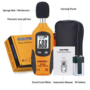 Decibel Meter, RISEPRO® Digital Sound Level Meter 30 – 130 dB Audio Noise Measure Device Backlight MAX/MIN, Data Hold Auto Power Off Dual Ranges HT-80A