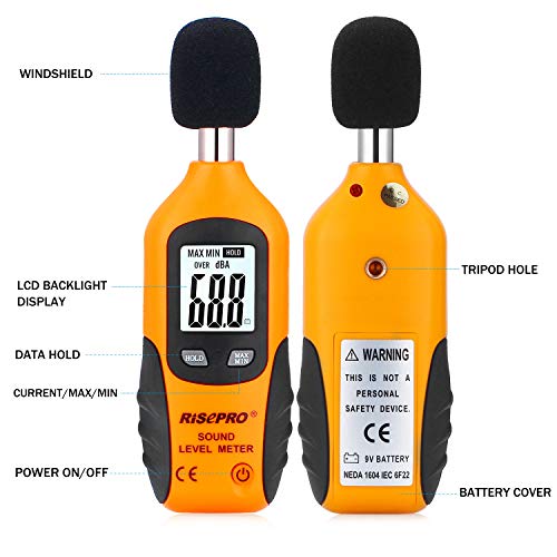 Decibel Meter, RISEPRO® Digital Sound Level Meter 30 – 130 dB Audio Noise Measure Device Backlight MAX/MIN, Data Hold Auto Power Off Dual Ranges HT-80A