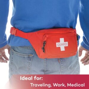 Dealmed Lifeguard Fanny Pack with Logo, E-Z Zipper Design and 3 Pockets, Red Fanny Pack (Pack of 3), Includes Adjustable Waist Strap and Zipper Pockets