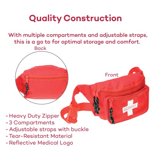 Dealmed Lifeguard Fanny Pack with Logo, E-Z Zipper Design and 3 Pockets, Red Fanny Pack (Pack of 3), Includes Adjustable Waist Strap and Zipper Pockets