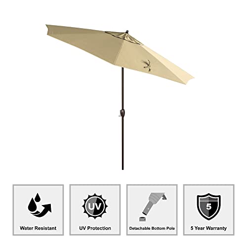 California Umbrella 9' Rd Sunbrella Aluminum Patio Umbrella, Crank Lift, Auto Tilt, Bronze Pole, Antique Beige