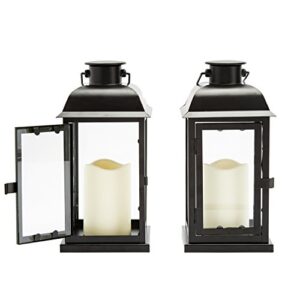 Solar Powered Outdoor Lanterns - 11 Inch Tall, Set of 2, Decorative Candle Lantern for Patio, Waterproof, Black Metal & Glass, LED Pillar Candle, Dusk to Dawn Timer, Batteries Included