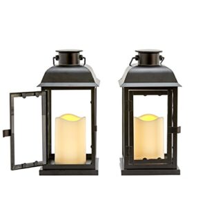 Solar Powered Outdoor Lanterns - 11 Inch Tall, Set of 2, Decorative Candle Lantern for Patio, Waterproof, Black Metal & Glass, LED Pillar Candle, Dusk to Dawn Timer, Batteries Included