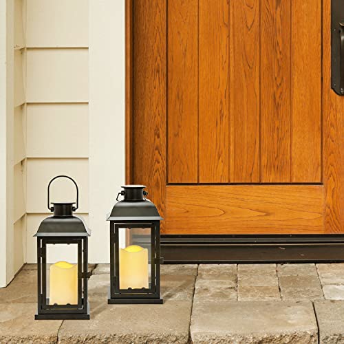 Solar Powered Outdoor Lanterns - 11 Inch Tall, Set of 2, Decorative Candle Lantern for Patio, Waterproof, Black Metal & Glass, LED Pillar Candle, Dusk to Dawn Timer, Batteries Included