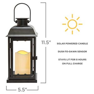Solar Powered Outdoor Lanterns - 11 Inch Tall, Set of 2, Decorative Candle Lantern for Patio, Waterproof, Black Metal & Glass, LED Pillar Candle, Dusk to Dawn Timer, Batteries Included
