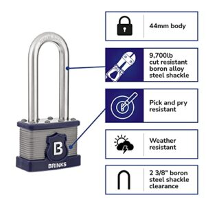 BRINKS - 44mm XT Series Commercial Laminated Steel Padlock with 2 3/8" Shackle, 2-Pack - Weather Resistant and Hardened Boron Steel Shackle