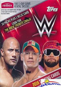 2016 topps wwe wrestling exclusive factory sealed retail box with 10 packs, relic card & the rock tribute card! look for cards,autographs & relics of jon cena,triple h, sting, ric flair & many more!