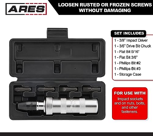 ARES 70006-3/8-Inch Drive Manual Reversible Impact Driver - Flathead 5/16-Inch, 3/8-Inch, and Phillips 2, 3 Bits Cover Most Common Applications - Disengage Rusted Fasteners or Frozen Bolts