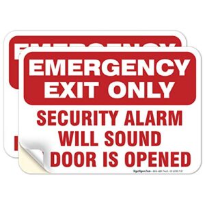 sigo signs (2 pack) emergency exit only sign, self adhesive 7 x 10inches 4 mil sleek vinyl decal stickers weather resistant long lasting uv protected and waterproof made in usa by sigo signs