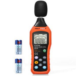 protmex pt6708 sound level meter, digital decibel reader measurement, range 30-130 db, accuracy 1.5db noise meter with large lcd screen display, fast and slow selection (batteries include)