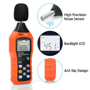 Protmex PT6708 Sound Level Meter, Digital Decibel Reader Measurement, Range 30-130 dB, Accuracy 1.5dB Noise Meter with Large LCD Screen Display, Fast and Slow Selection (Batteries Include)