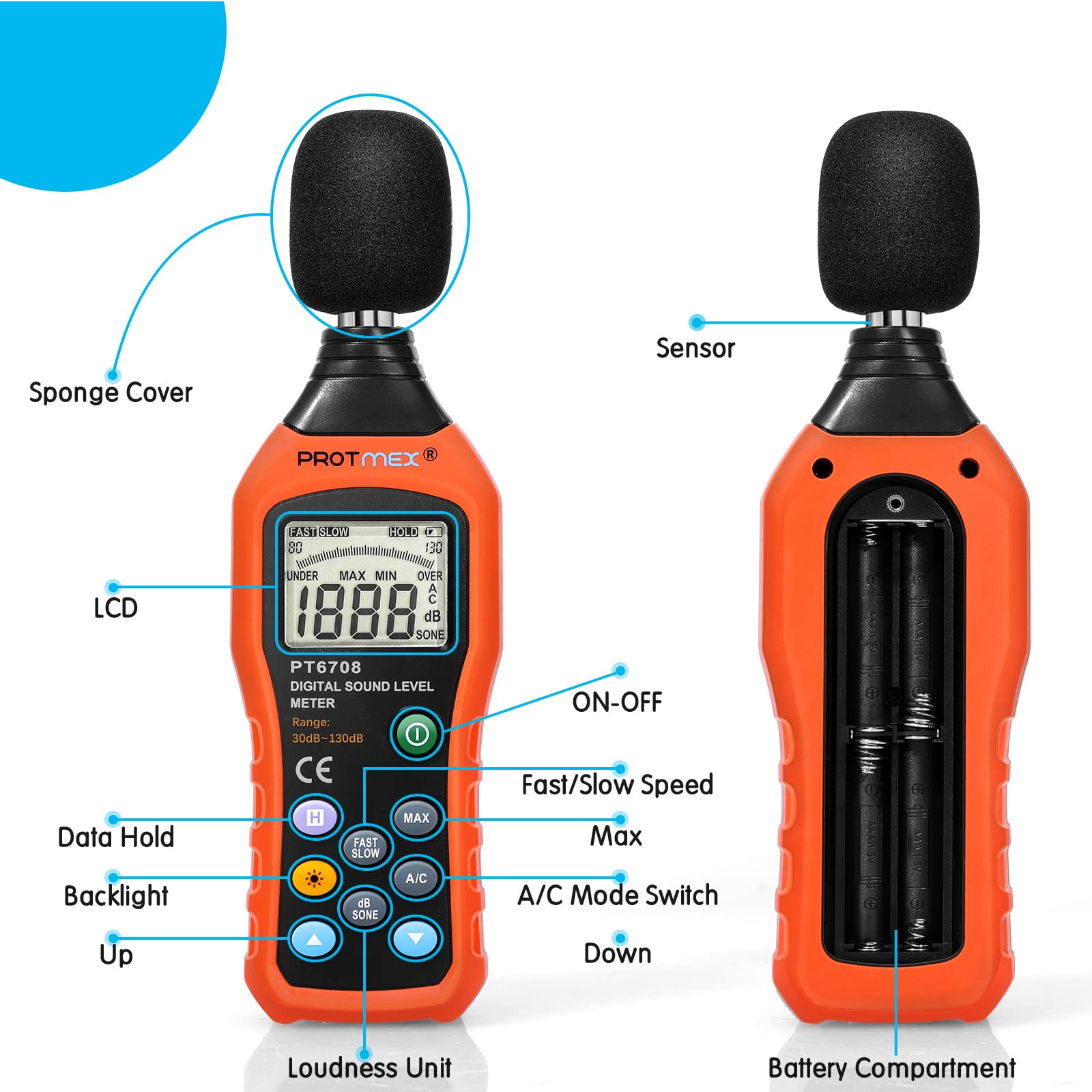 Protmex PT6708 Sound Level Meter, Digital Decibel Reader Measurement, Range 30-130 dB, Accuracy 1.5dB Noise Meter with Large LCD Screen Display, Fast and Slow Selection (Batteries Include)