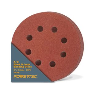 powertec 45024 5 inch 8 hole hook and loop sanding discs, 240 grit, 25 pk, sandpaper for random orbital sanders