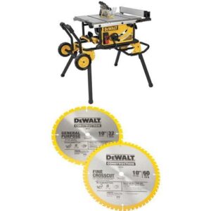 dewalt dwe7491rs 10-inch jobsite table saw with 32-1/2-inch rip capacity and rolling stand w/ dw3106p5 60-tooth crosscutting and 32-tooth general purpose 10-inch saw blade combo pack