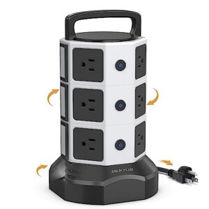 power strip tower surge protector, jackyled 1625w 13a outlet surge electric tower, 12 outlets 6 usb ports retractable cord charging station with 16awg 6.5ft heavy duty extension cord for home office
