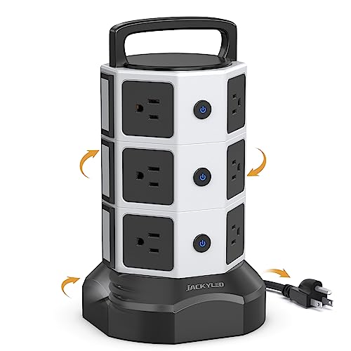 Power Strip Tower Surge Protector, JACKYLED 1625W 13A Outlet Surge Electric Tower, 12 Outlets 6 USB Ports Retractable Cord Charging Station with 16AWG 6.5ft Heavy Duty Extension Cord for Home Office