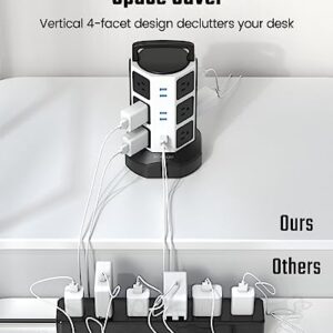 Power Strip Tower Surge Protector, JACKYLED 1625W 13A Outlet Surge Electric Tower, 12 Outlets 6 USB Ports Retractable Cord Charging Station with 16AWG 6.5ft Heavy Duty Extension Cord for Home Office