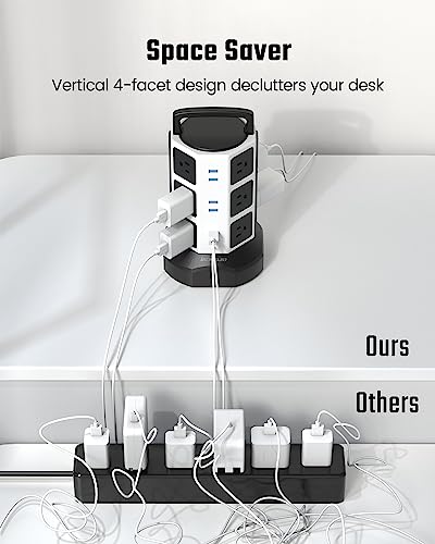 Power Strip Tower Surge Protector, JACKYLED 1625W 13A Outlet Surge Electric Tower, 12 Outlets 6 USB Ports Retractable Cord Charging Station with 16AWG 6.5ft Heavy Duty Extension Cord for Home Office