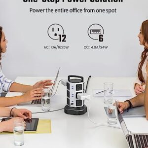 Power Strip Tower Surge Protector, JACKYLED 1625W 13A Outlet Surge Electric Tower, 12 Outlets 6 USB Ports Retractable Cord Charging Station with 16AWG 6.5ft Heavy Duty Extension Cord for Home Office