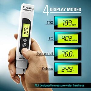 Professional TDS ppm Conductivity Meter - Quick and Easy EC TDS and Temperature Test Pen | 0-9999 ppm with ± 2% Accuracy | Perfect 3-in-1 Tester For Ro Water Aquarium Hydroponics Coffee Pool etc.