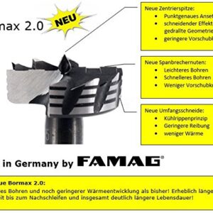 Famag Bormax 3/4 inch Forstner Bit Imperial, Outside Rim Saw Teeth, Hex Shank, Cooling Fins, Twisted Center Point, German Alloy Steel (3/4")