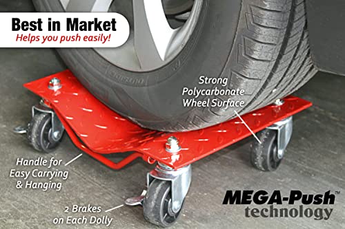 4 Tire Car Wheel Dolly Heavy Duty MEGA-Push Skates Triple Ball Bearings with Brakes 6000 lb Capacity Red