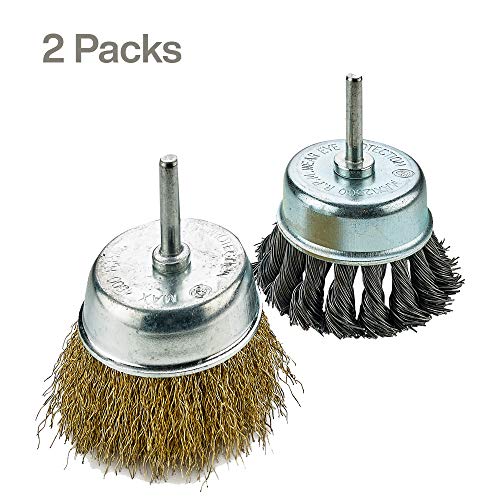 Katzco Wire Wheels Brush - 2 Pack Knotted and Crimped Cups for Rust Removal, Corrosion and Paint - Hardened Steel Wire for Reduced Wire Breakage and Longer Life