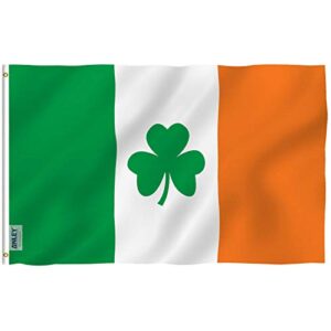 anley fly breeze 3x5 foot ireland shamrock flag - vivid color and fade proof - canvas header and double stitched - saint patrick's day clover flags polyester with brass grommets 3 x 5 ft