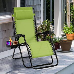 Goplus Zero Gravity Chair, Adjustable Folding Reclining Lounge Chair with Pillow and Cup Holder, Patio Lawn Recliner for Outdoor Pool Camp Yard (Set of 2, Green)