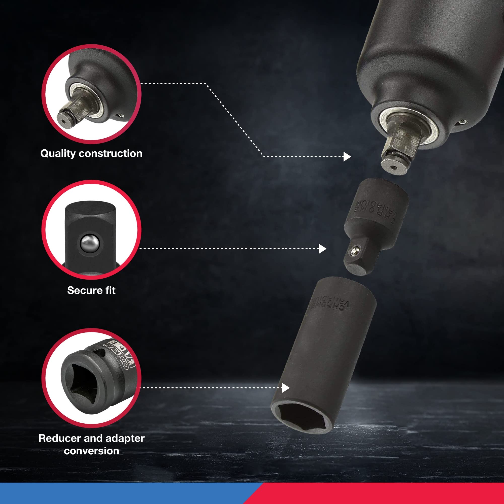 NEIKO 30249A 5 Piece Impact Socket Adapter Set, Standard SAE , 1/4, 3/8, 1/2" Cr-V Steel Impact Driver & Wrench Conversion Kit Socket Reducer, Locking Socket Adapter Set