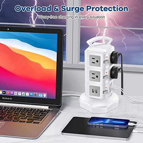 Power Strip Tower Surge Protector, Retractable Extension Cord with Multiple Outlets, 10 AC Outlets with 4 USB Ports Charging Tower, Multi Plug Outlet Extender Desktop Charging Station for Home Office