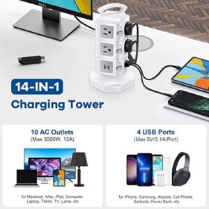 Power Strip Tower Surge Protector, Retractable Extension Cord with Multiple Outlets, 10 AC Outlets with 4 USB Ports Charging Tower, Multi Plug Outlet Extender Desktop Charging Station for Home Office