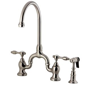 kingston brass ks7798talbs 7 3/4" in spout reach bridge kitchen faucet with brass sprayer, brushed nickel, 13.88 x 7.75 x 16.81