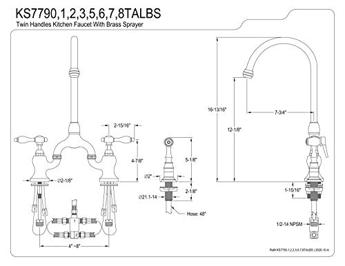 Kingston Brass KS7798TALBS 7 3/4" in Spout Reach Bridge Kitchen Faucet with Brass Sprayer, Brushed Nickel, 13.88 x 7.75 x 16.81