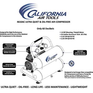 California Air Tools CAT-4610AC Ultra Quiet & Oil-Free 1.0 hp 4.6 gallon Aluminum Twin Tank Electric Portable Air Compressor, Silver