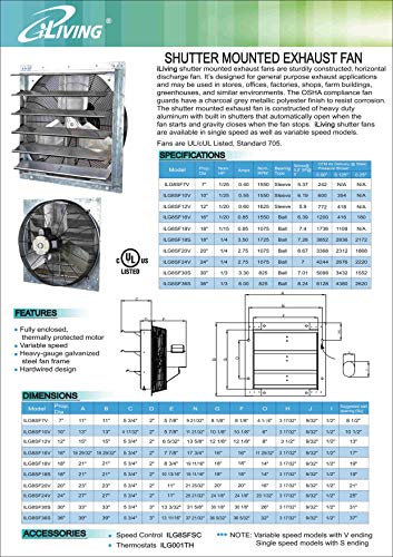 iLiving - 18" Wall Mounted Shutter Exhaust Fan - Automatic Shutter - Single Speed - Vent Fan For Home Attic, Shed, or Garage Ventilation, 3852 CFM, 5800 SQF Coverage Area, Silver (ILG8SF18S)