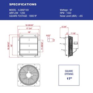 iLiving - 16" Wall Mounted Exhaust Fan - Automatic Shutter - Variable Speed - Vent Fan For Home Attic, Shed, or Garage Ventilation, 1200 CFM, 1800 SQF Coverage Area (Power Cord Not Included)