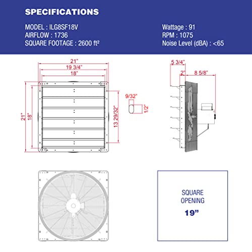 iLiving - 18" Wall Mounted Exhaust Fan - Automatic Shutter - Variable Speed - Vent Fan For Home Attic, Shed, or Garage Ventilation, 1736 CFM, 2600 SQF Coverage Area (Power Cord Not Included)