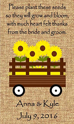 Wedding/Bridal Wildflower Seed Packet Favors(w/seeds) Personalized 50 qty-Burlap Sunflower Wagon Design