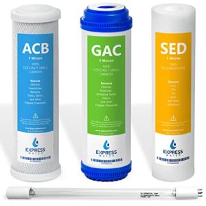 express water – uv ultraviolet direct water filtration system replacement filter set – 4 filters with carbon (gac, acb) and sediment (sed) and uv ultraviolet bulb – 10 inch size water filters