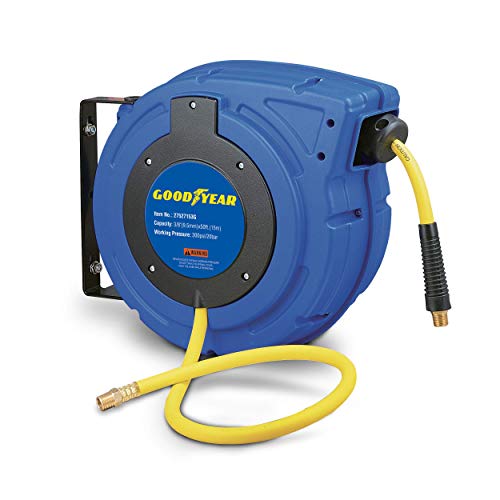 Goodyear Air Hose Reel Retractable 3/8" Inch x 50' Foot Hybrid Polymer Hose Max 300PSI Commerical Polypropylene Construction