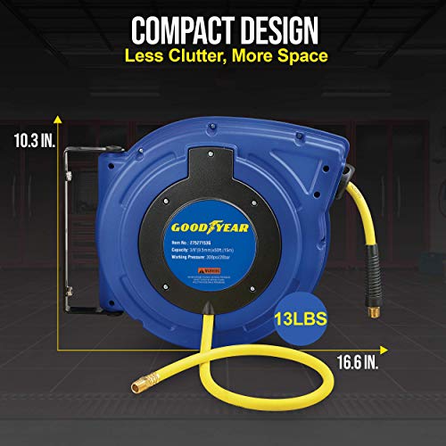 Goodyear Air Hose Reel Retractable 3/8" Inch x 50' Foot Hybrid Polymer Hose Max 300PSI Commerical Polypropylene Construction