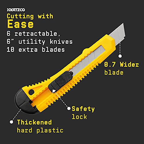 Katzco Retractable Utility Knife Set - 5 Pack - 6 Inch - Heavy Duty Carbon Steel - for Cardboard, Rope, Carpet, Linoleum, Plastic, Leather, Wallpaper, and More