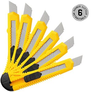 Katzco Retractable Utility Knife Set - 5 Pack - 6 Inch - Heavy Duty Carbon Steel - for Cardboard, Rope, Carpet, Linoleum, Plastic, Leather, Wallpaper, and More