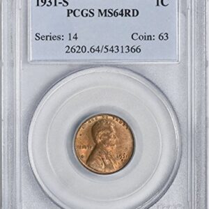 1931-S Lincoln Cent MS64RD PCGS