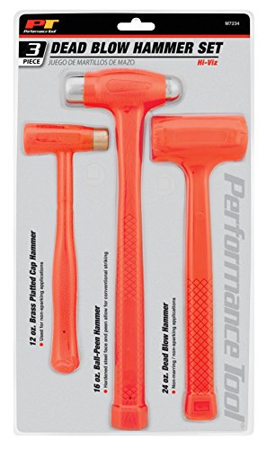 Performance Tool M7234 Dead Blow Hammer Set with Brass Cap, Ball-Peen, and Dead Blow Hammers and Urethane Coating, Orange (3-Piece)