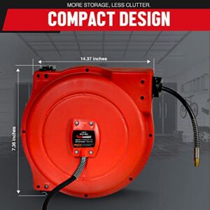 REELWORKS Air Hose Reel Retractable 1/4" Inch x 33’ Feet Premium Water Flex Hybrid Polymer Hose Max 180 PSI Heavy Duty Polypropylene Case Construction Industrial Spring Driven